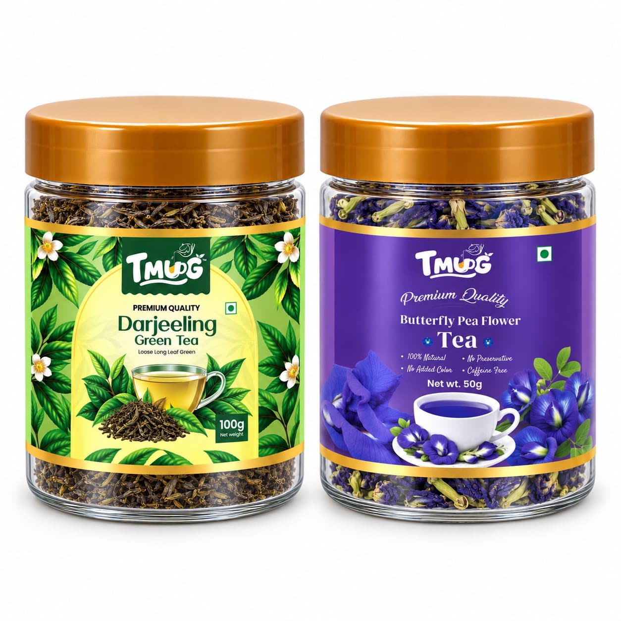 TMUG Darjeeling Green Tea 100g and Butterfly Pea Flower Tea 50g jars side by side — front view