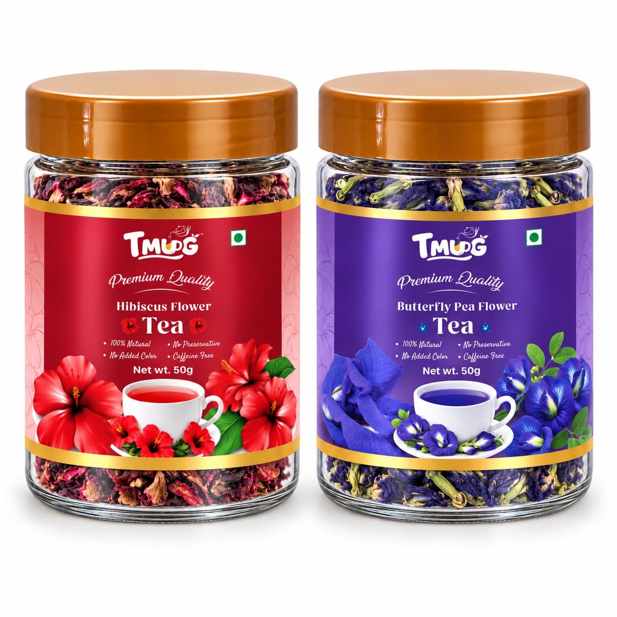TMUG Hibiscus Flower Tea 50g and Butterfly Pea Flower Tea 50g jars side by side — front view