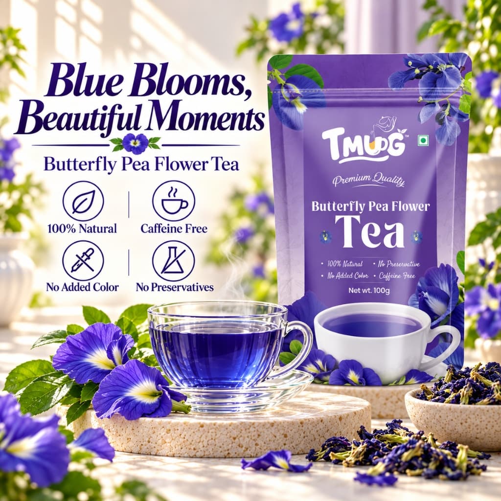 TMUG Butterfly Pea Flower Tea pouch with a glass cup of blue tea and fresh butterfly pea blossoms