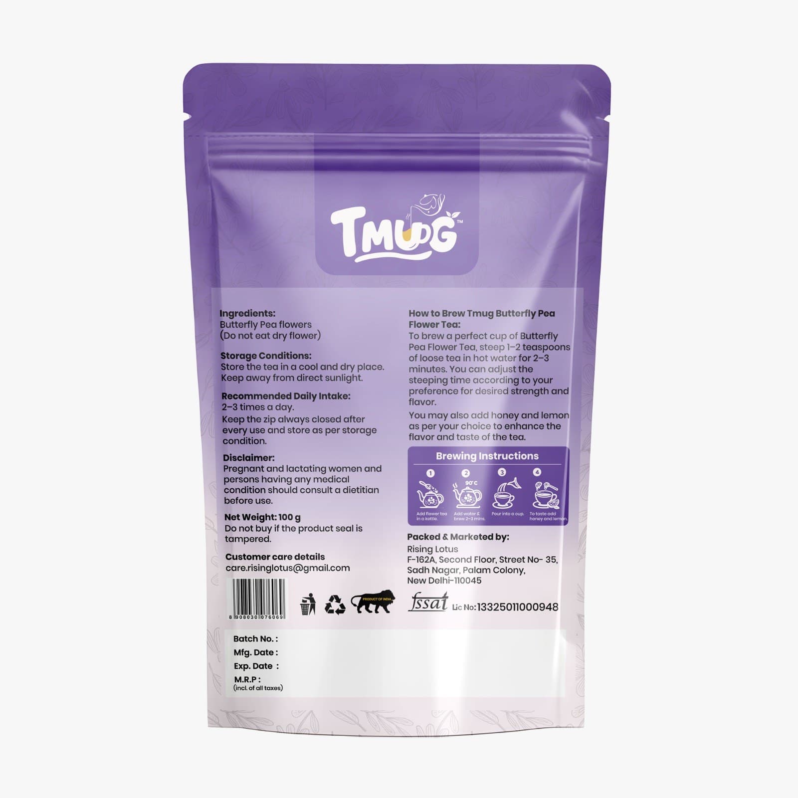 Back view of Butterfly Pea Flower Tea packaging