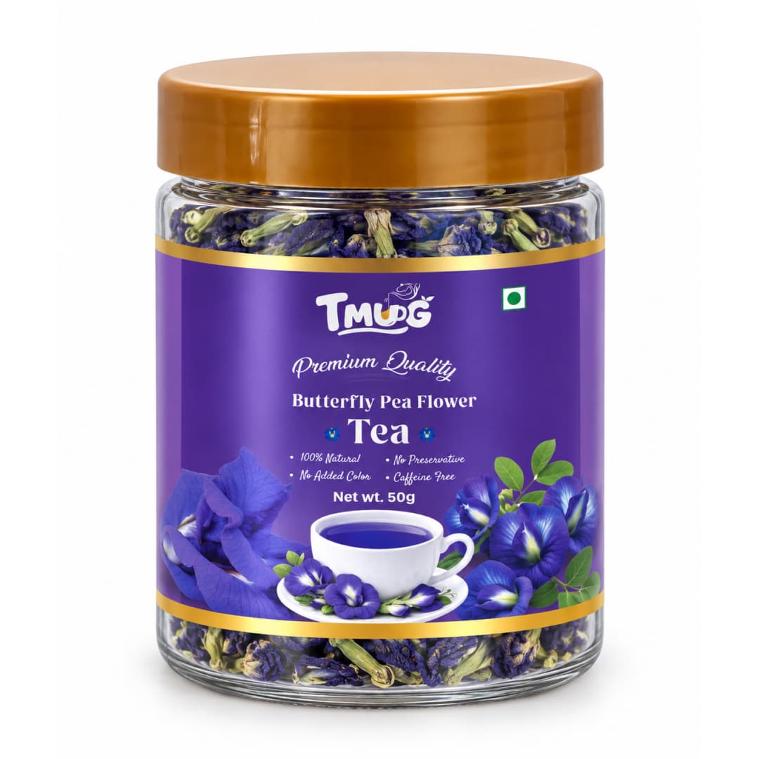 TMUG butterfly pea flower tea 50g jar with dried blue flowers