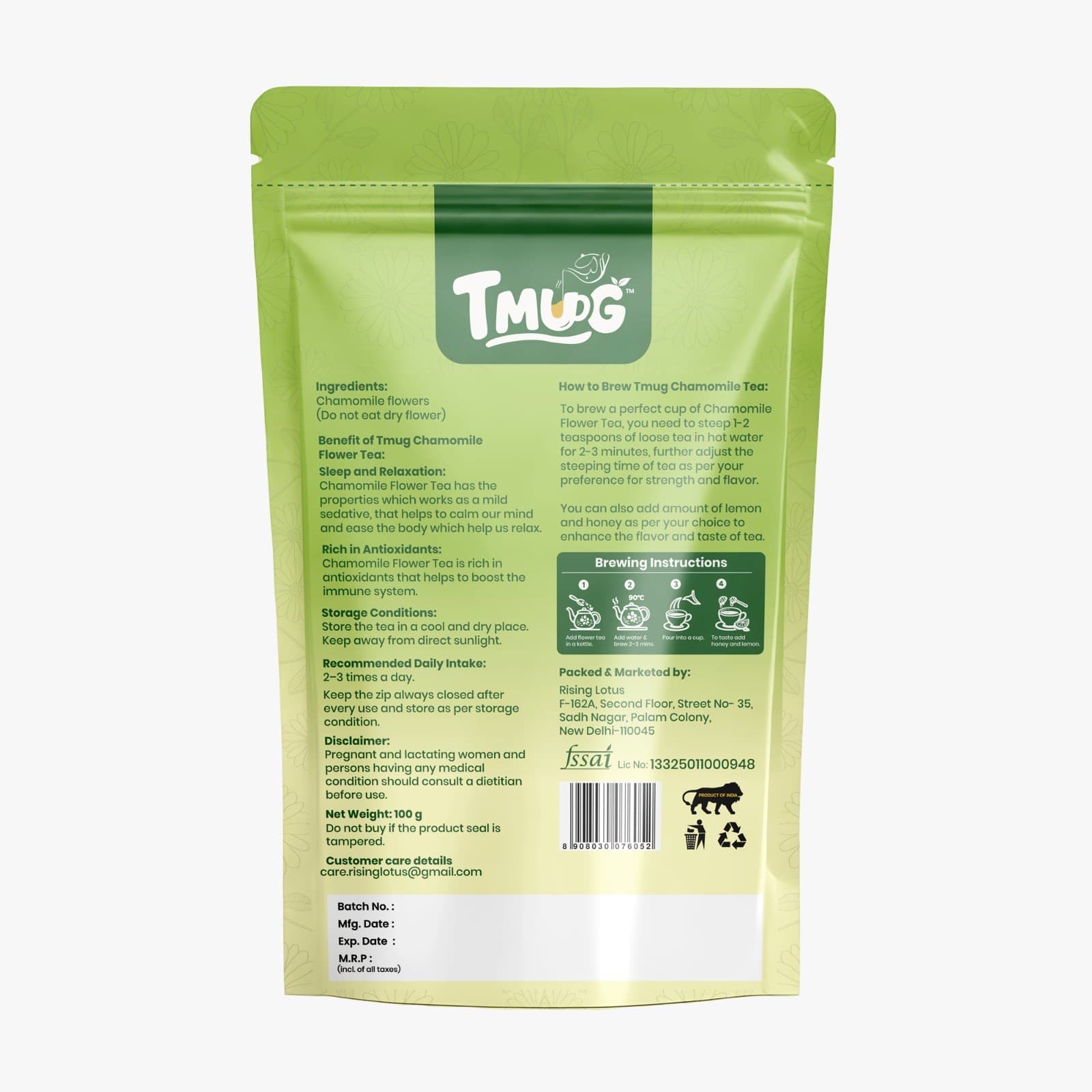 Back view of Chamomile Flower Tea packaging