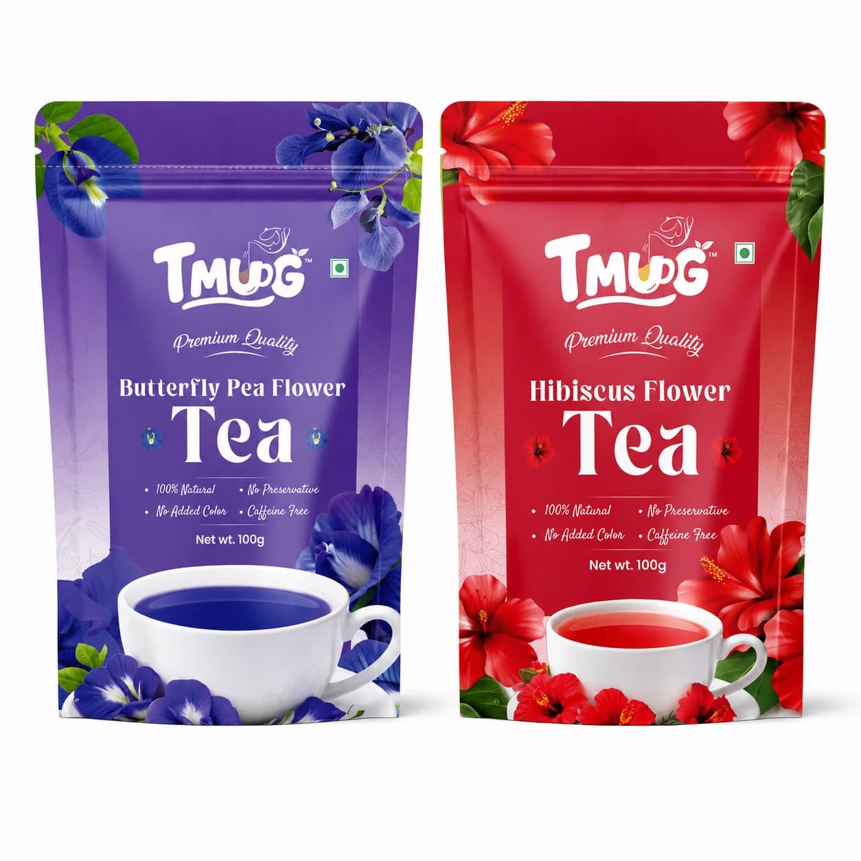 TMUG Butterfly Pea Flower Tea and Hibiscus Flower Tea 100g pouches — front view