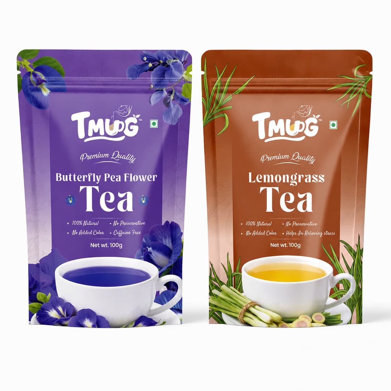 TMUG Butterfly Pea Flower Tea and Lemongrass Tea 100g pouches — front view