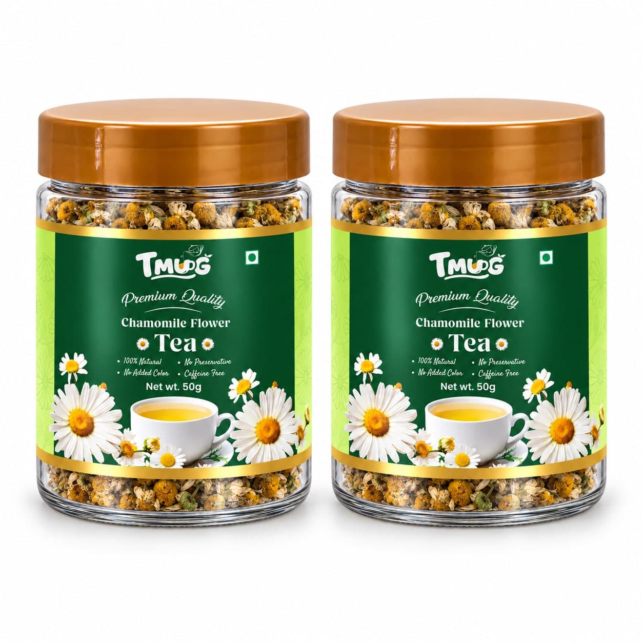 TMUG Chamomile Flower Tea 50g jars — front view