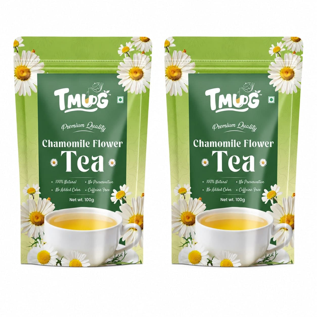 TMUG Chamomile Flower Tea 100g pouches — front view