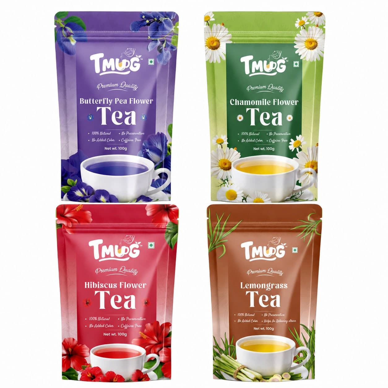 TMUG Butterfly Pea, Chamomile, Hibiscus and Lemongrass 100g pouches — front view