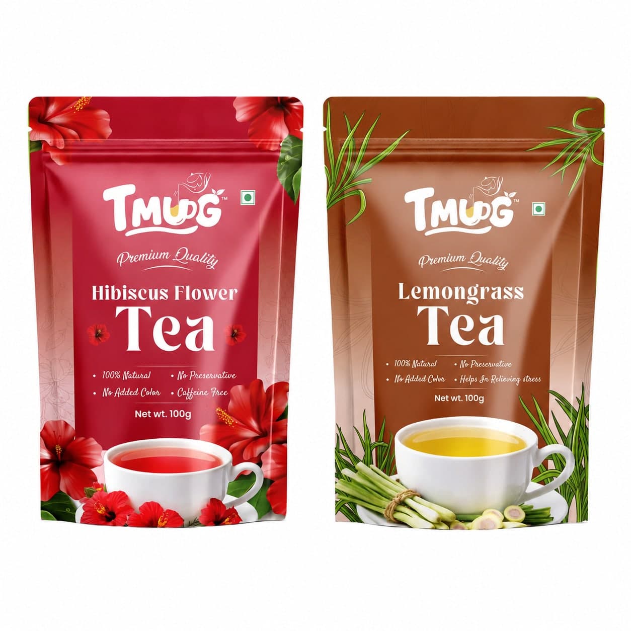 TMUG Hibiscus Flower Tea and Lemongrass Tea 100g pouches — front view