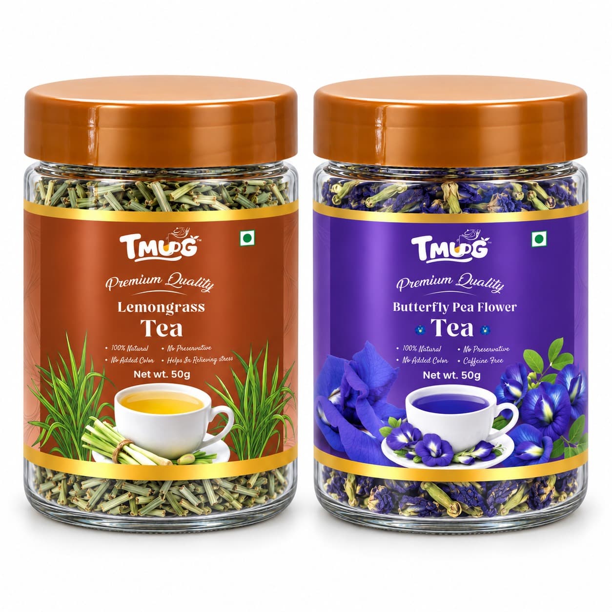 TMUG Lemongrass Tea 50g and Butterfly Pea Flower Tea 50g jars side by side — front view