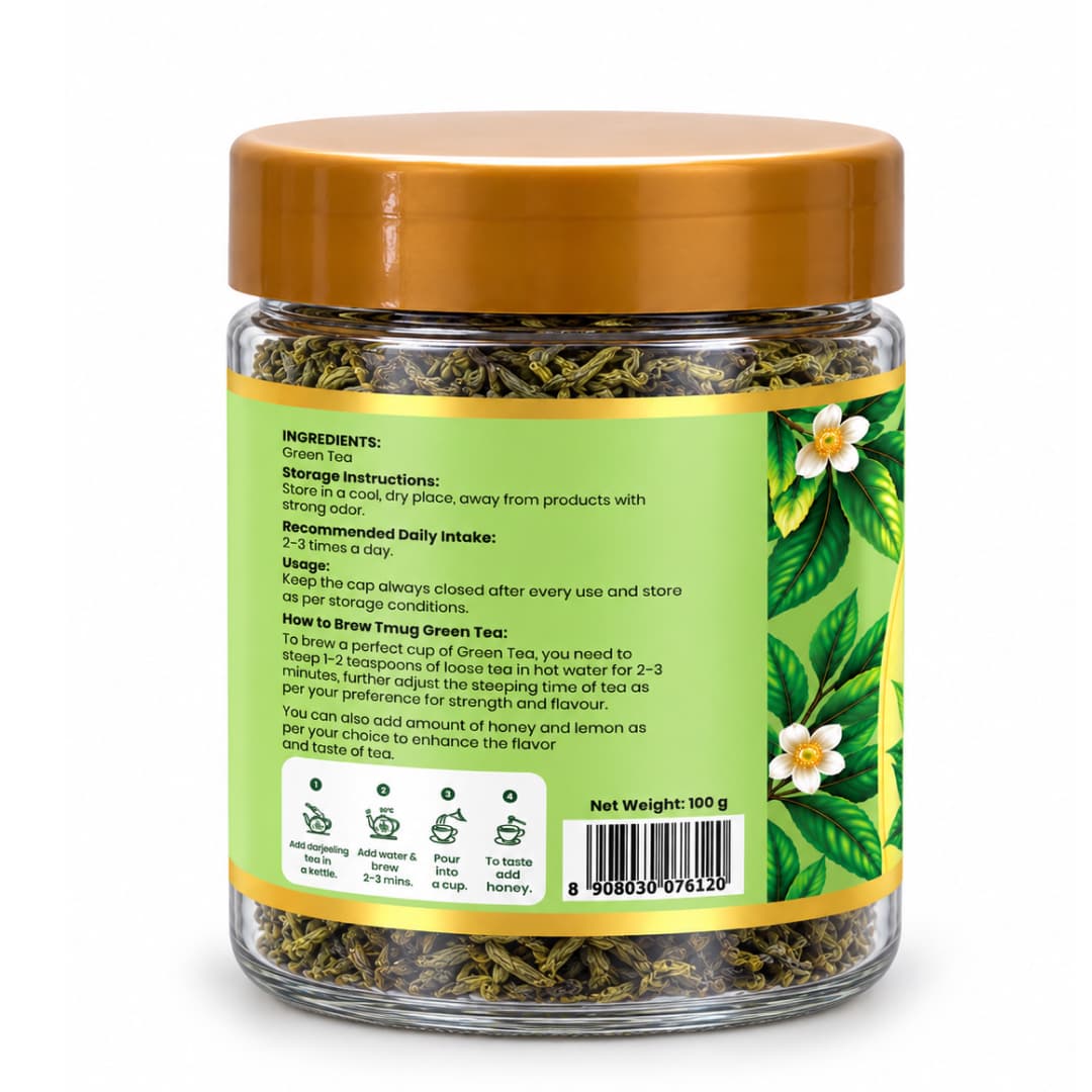 Back view of Darjeeling Green Tea packaging