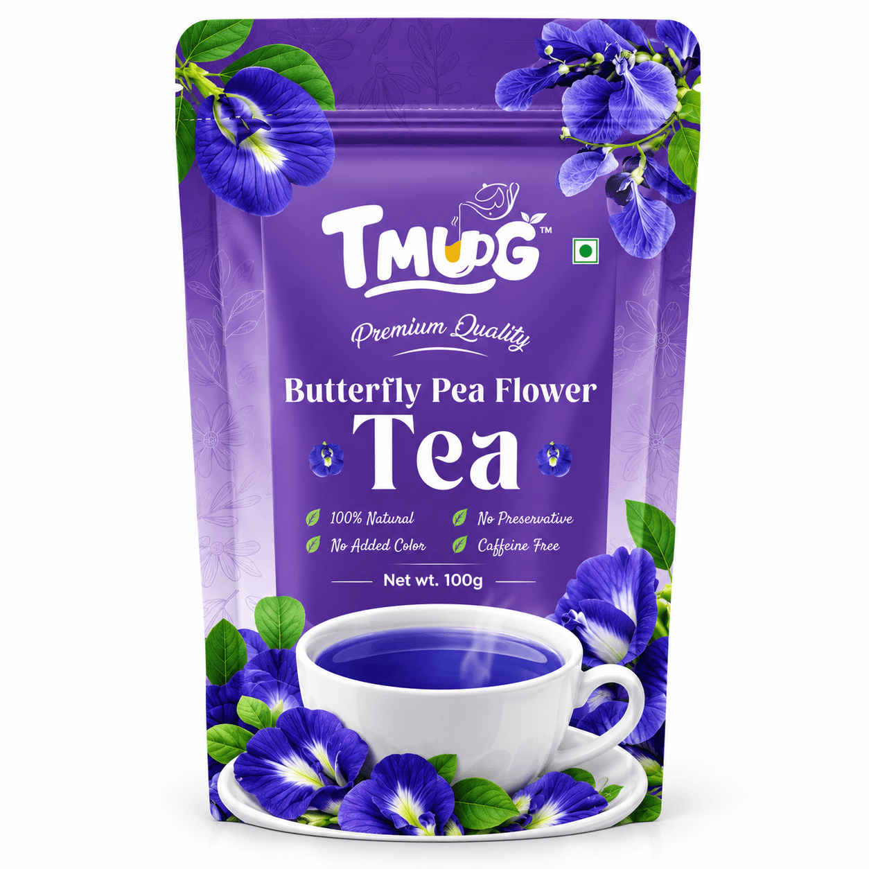 TMUG Butterfly Pea Flower Tea 100g pouch — caffeine-free dried blue aparajita flowers