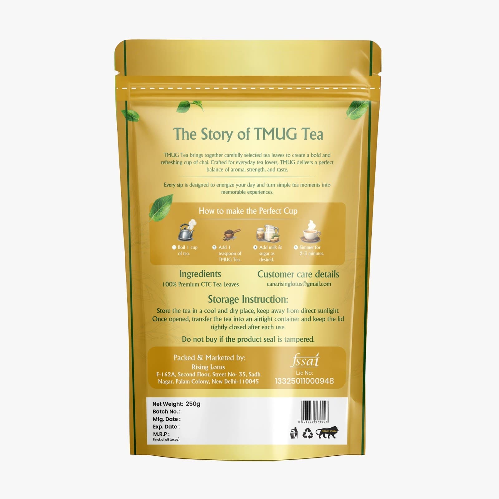 Back view of TMUG Gold Tea packaging
