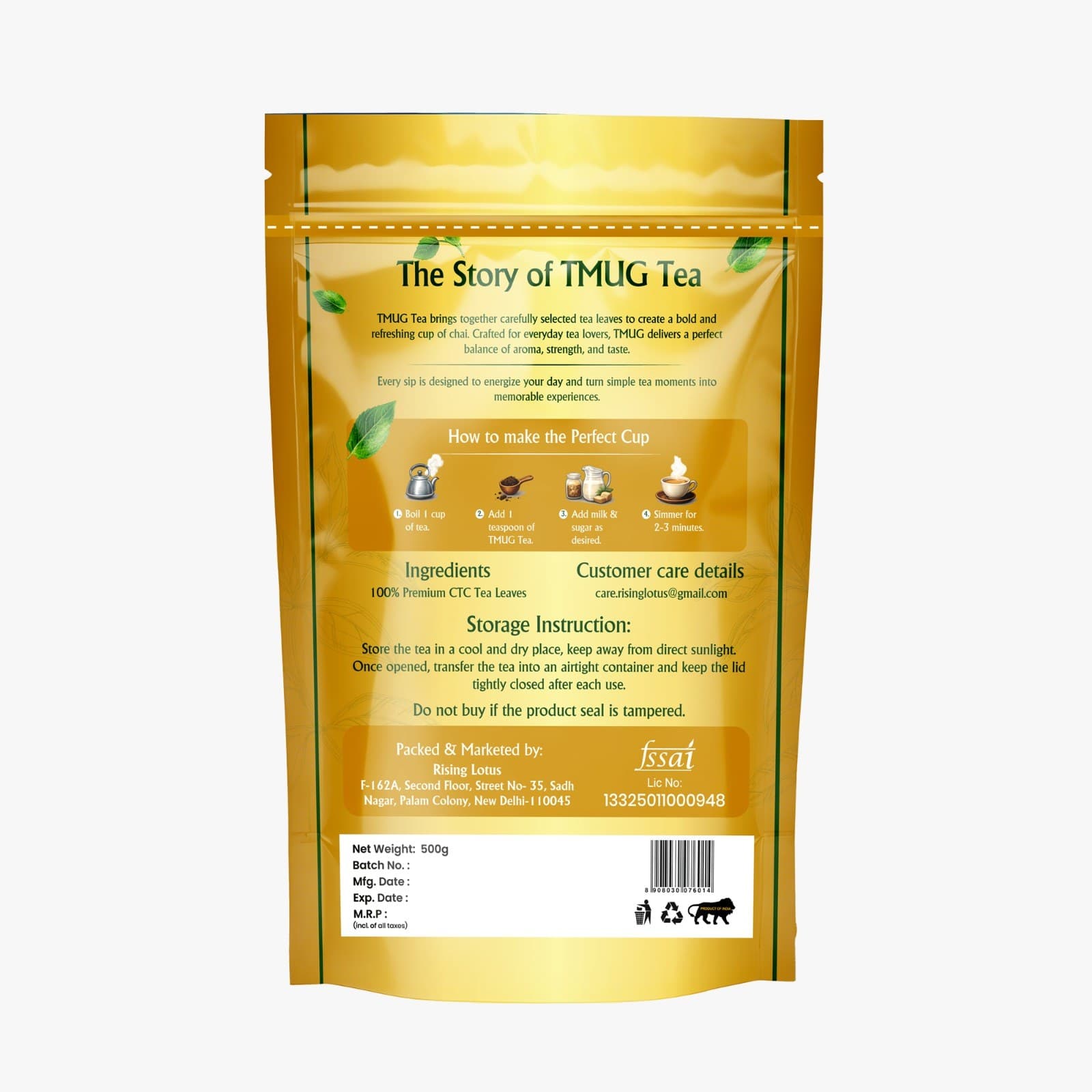 Back view of TMUG Gold Tea packaging