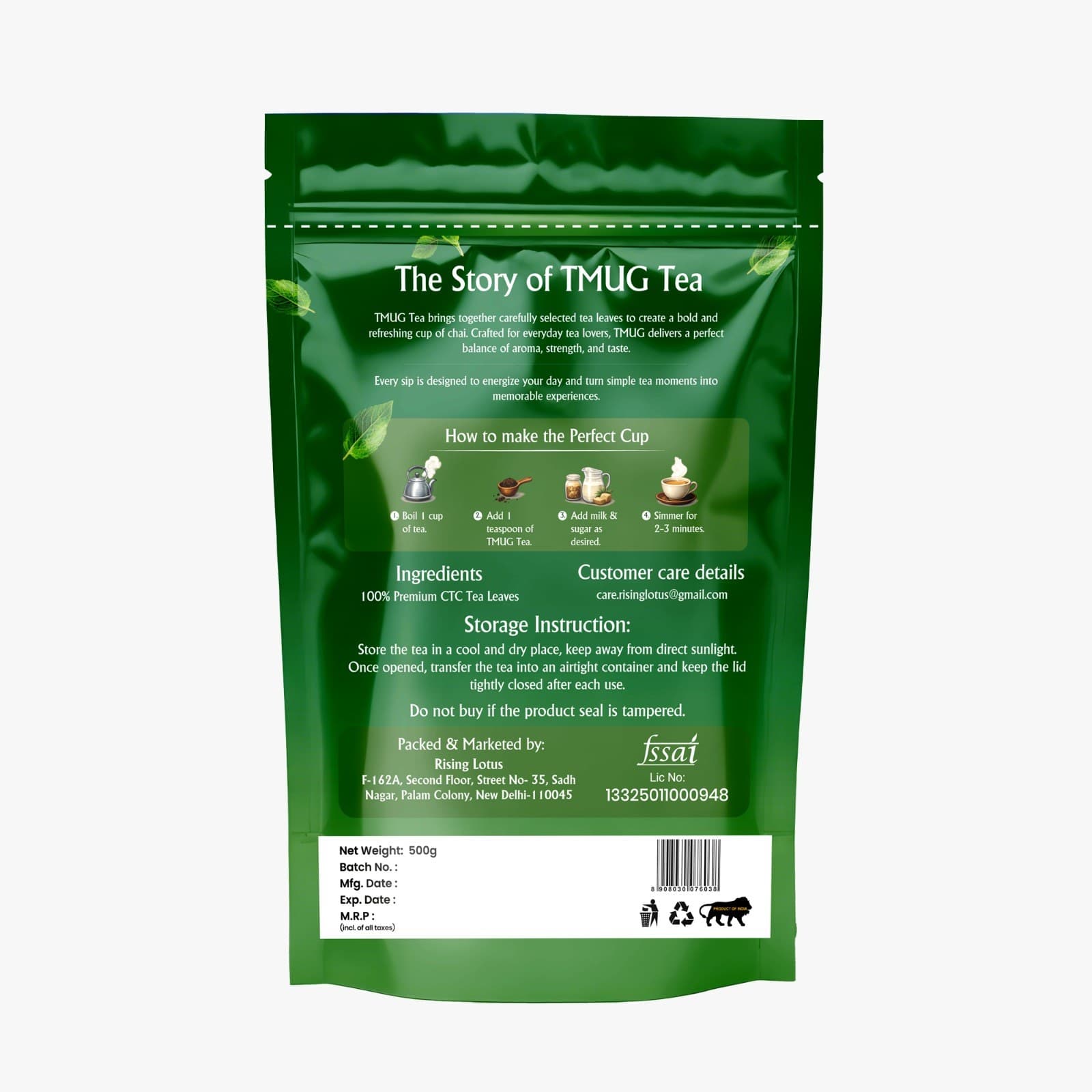 Back view of TMUG Premium Tea packaging